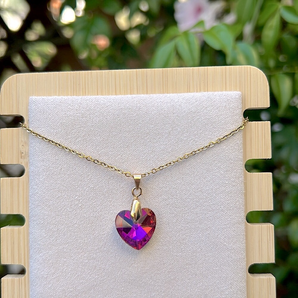 Violet Pink + Gold Crystal Heart Pendant Necklace - Picture 7 of 8